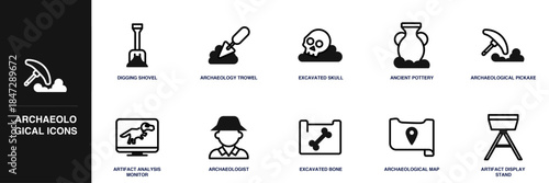 Archaeological Digs Line Icon Set