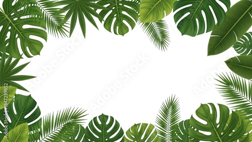 Diverse tropical leaves creating a vibrant frame on transparent background