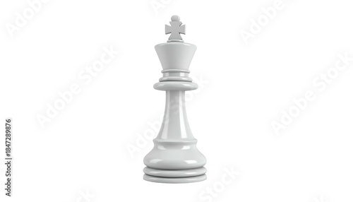 A white, glossy chess king piece isolated on a stark black background