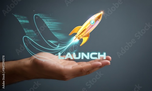 Conceptual launch image with rocket and hand on gray background.
