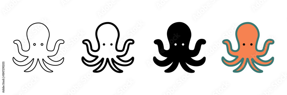 Fototapeta premium Set of minimalist octopus icons with transparent background, depicting marine animals, aquatic creatures, and sea life for web design, apps, and digital projects, vector illustration