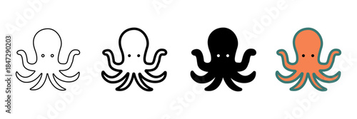 Set of minimalist octopus icons with transparent background, depicting marine animals, aquatic creatures, and sea life for web design, apps, and digital projects, vector illustration