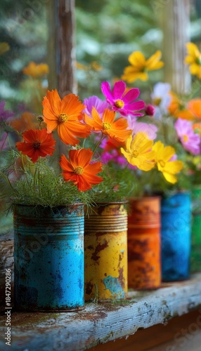 Colorful Cosmos Flowers in Recycled Cans on Wooden Surface