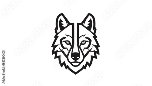 A stylized black and white illustration of a wolf's head, featuring sharp lines and geometric patterns, creating a bold and graphic portrait