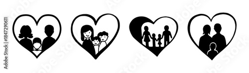 Illustrations of diverse family compositions embraced within loving heart shapes