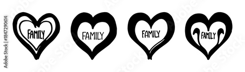Four hand-drawn hearts with the word family inside, symbolizing love and unity