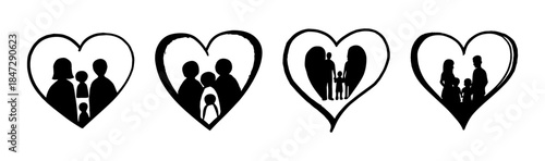 Love and togetherness: silhouettes of diverse families within heart shapes representing unity and care