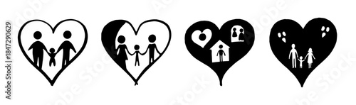 Symbolic hearts depicting family love, home, and care in various minimalist designs