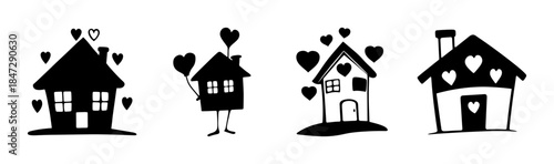 Whimsical black and white house illustrations with hearts symbolizing love and home