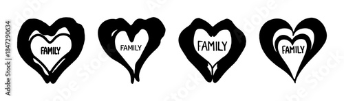 Hand drawn black hearts with 'family' text representing love, connection, and unity