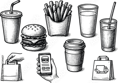 Fast Food and Takeaway Items Illustration Set with Drinks Burger and Delivery Icons in Vintage Line Art