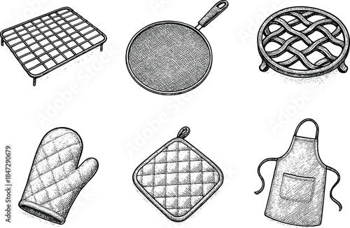Kitchen Baking and Cooking Accessories Illustration Set in Black and White Line Art