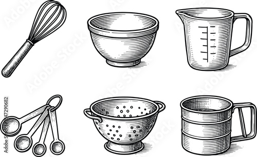 Kitchen Baking and Cooking Tools Illustration Set with Measuring Cups Bowls and Whisk in Vintage Line Art