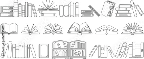 Books, Libraries, and Education Outline Icons Set. Stacked, Opened, and Bookshelf Line Art Vector Collection for Reading and Learning.