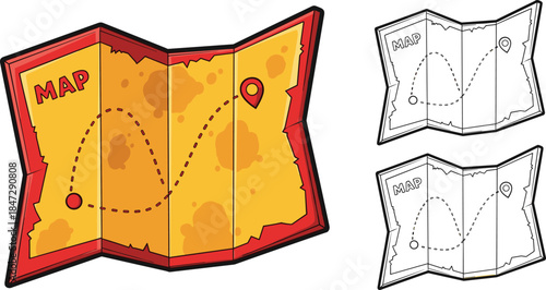 Cartoon Folded Treasure Map Vector Set. Adventure Path Outline Icon for Location, Travel, Finding, and Discovery Concepts.