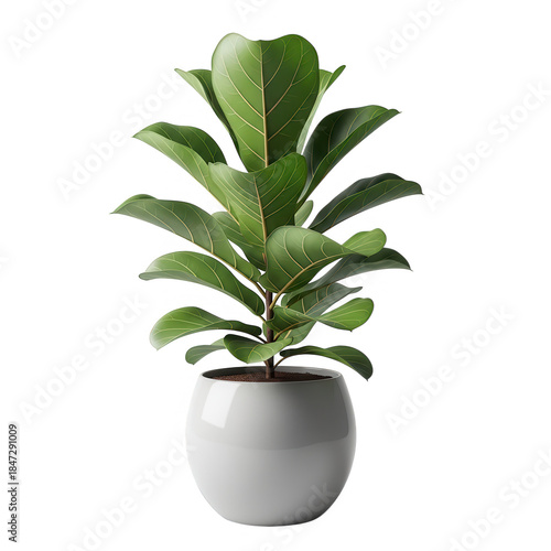 Realistic fiddle leaf fig plant in a white pot on transparent background