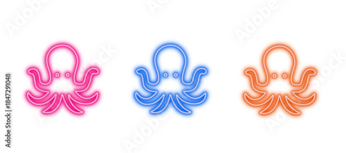 Neon glowing octopus vector icons set, marine, sea, ocean, creature, animal, underwater, tentacles, vibrant colorful digital design illustration.octopus, neon, glowing, marine, sea, ocean, creature, a