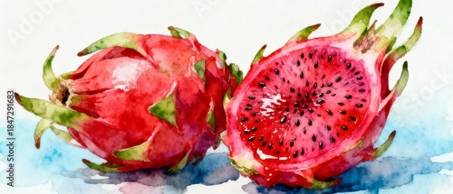 Watercolor painting of a whole and halved dragon fruit with vibrant red flesh and black seeds