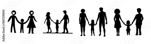 Collection of diverse family unit silhouettes depicting adults and child holding hands