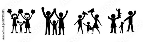 Diverse family stick figures depicting unity, support, celebration, and communication