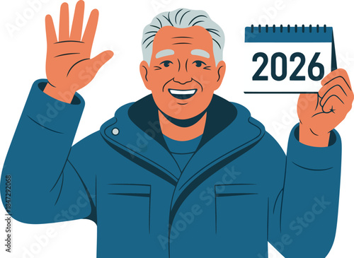Friendly elderly man waving hello holding 2026 calendar flat vector illustration