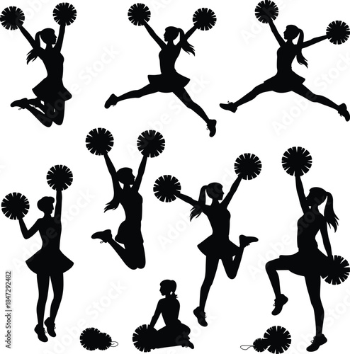 Cheerleader silhouettes with pom-poms in dynamic poses, perfect for sports spirit, dance routines, energy, and team celebration themes.