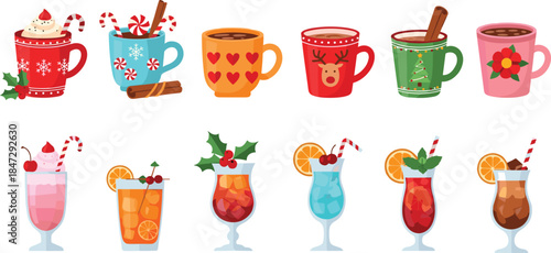 Christmas Hot Drinks and Holiday Cocktail Vector Set. Festive Mugs with Cocoa, Eggnog, and Winter Alcohol Beverages Illustration.