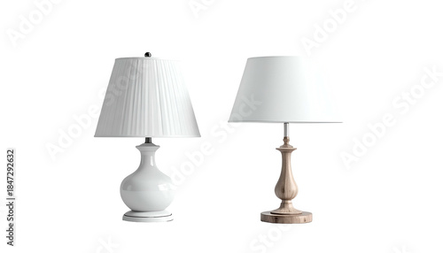 Two table lamps with white shades, different bases, isolated on black