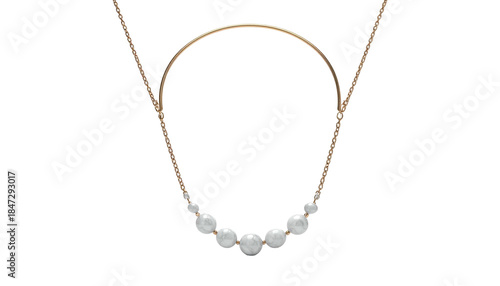 A gold necklace with a curved design, showcasing a string of white pearls