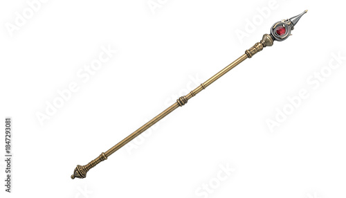 Golden staff with ornate detailing, topped with a red gem, isolated on black