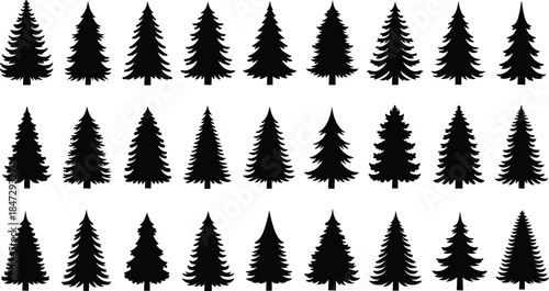 Large Set of Pine Tree Silhouettes, Various Black Christmas Tree Shapes, Evergreen Forest Vector Collection for Winter Landscape