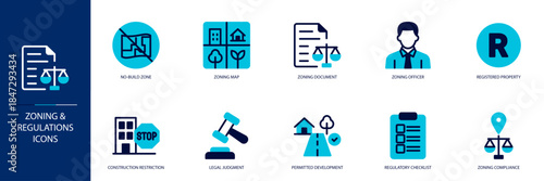 Zoning & Regulations Blue Colored Outline Icon Set