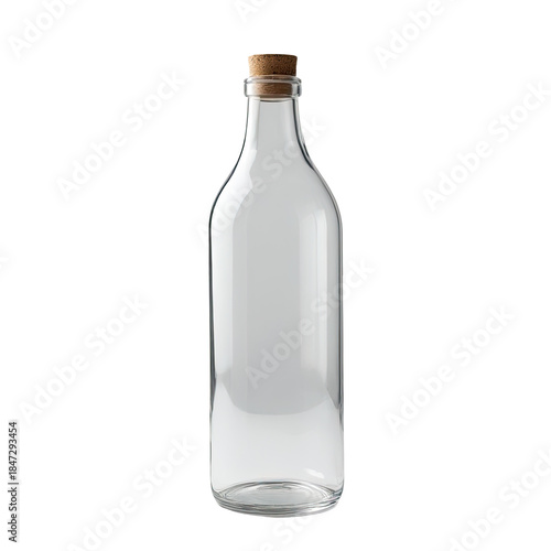 Clear glass bottle with cork stopper, standing upright