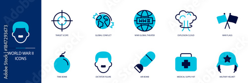 World War II Blue Colored Outline Icon Set