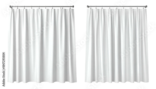 Two simple, white, draped curtains suspended from metallic rods, slightly folded