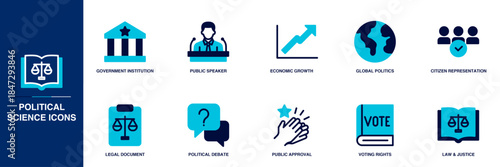 Political Science Blue Colored Outline Icon Set