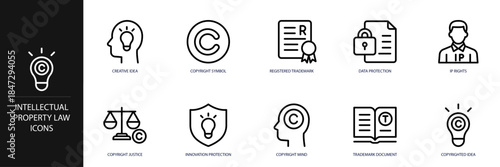 Intellectual Property Law Line Icon Set