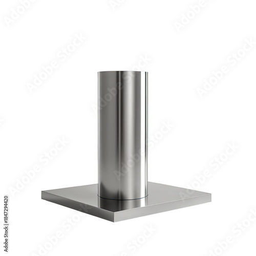 Polished, cylindrical metal structure on square base, black background