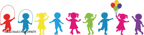 Colorful children silhouettes playing together, joyful kids engaging in fun activities, vibrant childhood illustration showing active movement, happiness, energy, celebration
