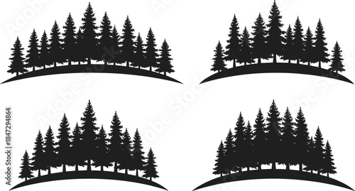 Set of Pine Forest Silhouettes Vector Icons, Conifer Tree Groups on Hill for Wilderness, Outdoor, and Nature Logos.