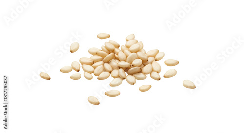 Close-up of a small pile of edible, off-white sesame seeds