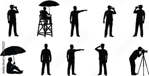 People silhouettes performing outdoor activities, standing pointing drinking observing, lifestyle actions, leisure moments, human gestures, isolated black figure illustration set