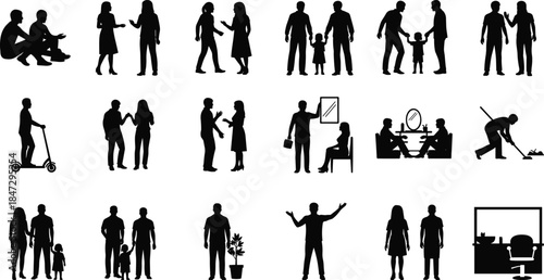 People silhouettes showing daily life activities, family moments, relationships, work interactions, lifestyle scenes, social communication, isolated black figures collection