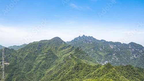 Wudang Mountains Aerial Panoramic View Shiyan China Green Forest Peaks Nature Landscape Time Lapse