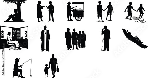 People silhouettes showing daily life scenes, social interaction, leisure activities, work moments, family bonding, community lifestyle, isolated black illustration set