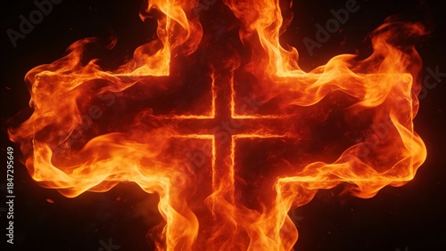 Vibrant orange red flames create a cross outline with dark background during a celebration of Pentecost