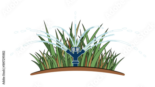 Cartoon Lawn Sprinkler Watering Green Grass