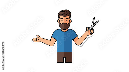 Cartoon Man with Beard Holding Scissors