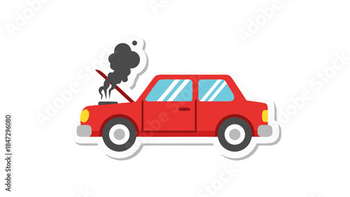 Cartoon Red Car Broken Down Emitting Smoke