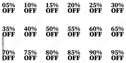 Comprehensive collection of bold black percentageoff discount text graphics from five percent to ninetyfive percent perfect for sales and promotional marketing material
